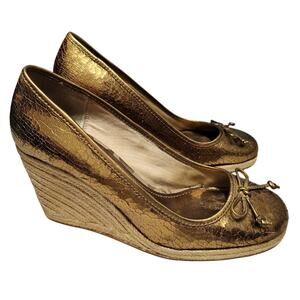 1980s Coach Bronze Crackle Leather Jute Wedge Hee Ireland Bow Espadrille Size 7